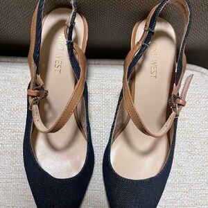 Nine West Navy Blue Jean Material and Tan Women's Slingback Shoes